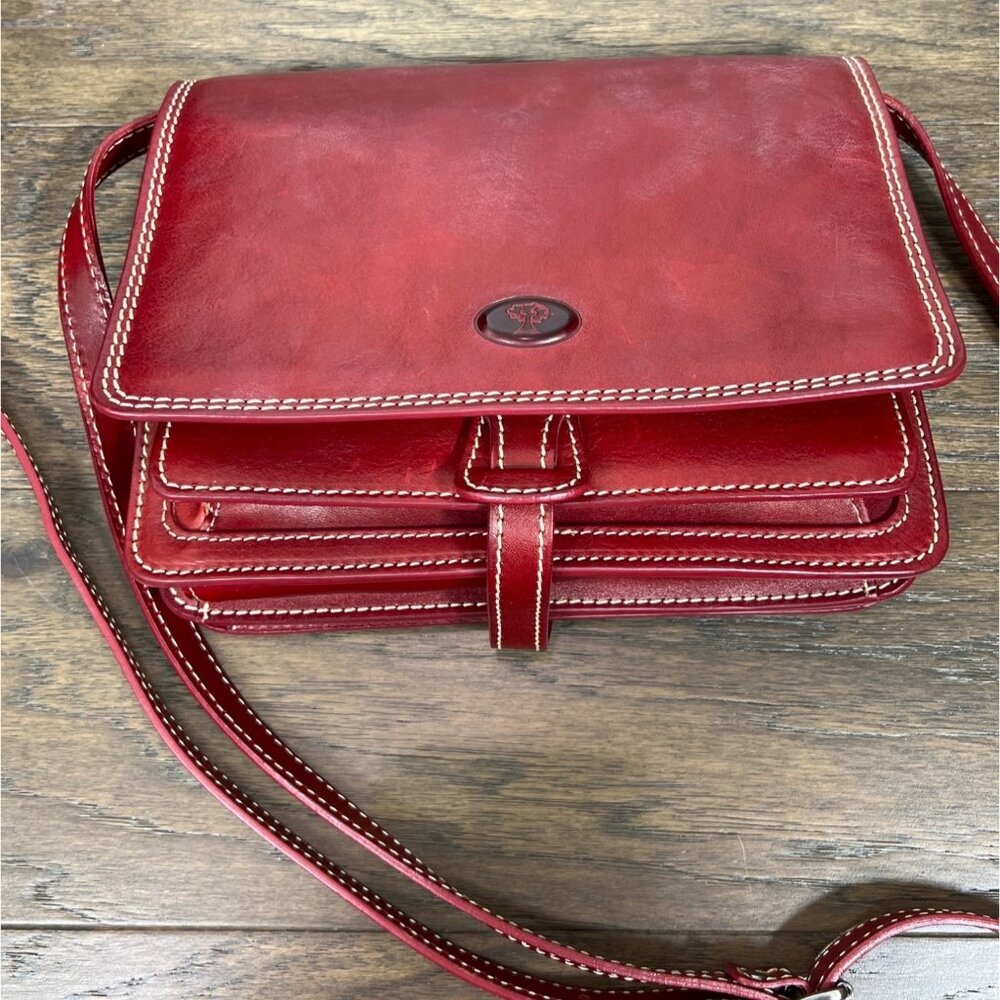 VINTAGE IL KUOIO Handmade Leather Messenger Crossbody Bag Red EUC - Picture 2 of 11